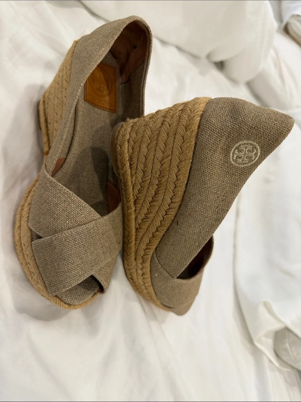 Tory Burch Beige Linen Espadrille Platform Sandals